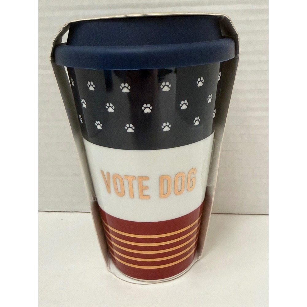 DogHaus Vote Dog Ceramic Travel Tumbler 16oz Patriotic Paw Print Mug with Lid